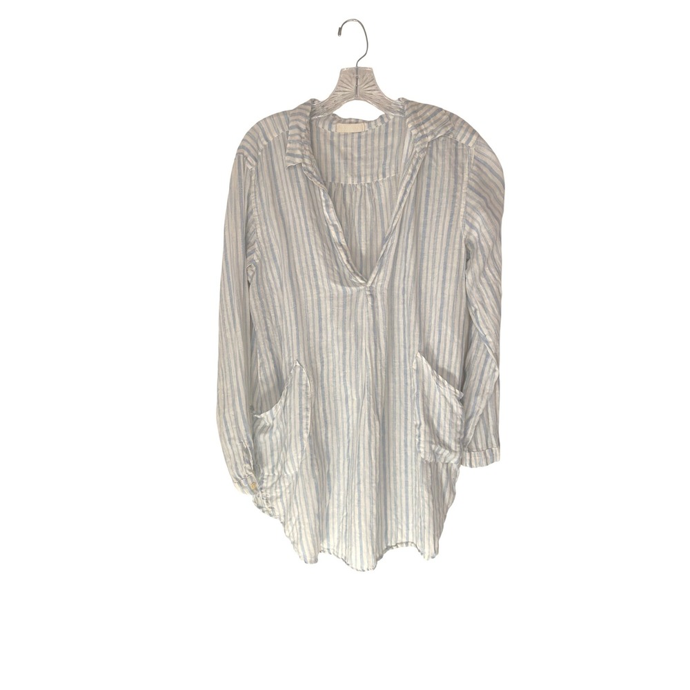 CP Shades‎ Tunic Blue Striped Linen Lagenlook Nautical Vacation Beach Medium